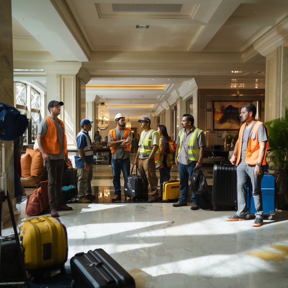 A group of construction workers standing in a lobby