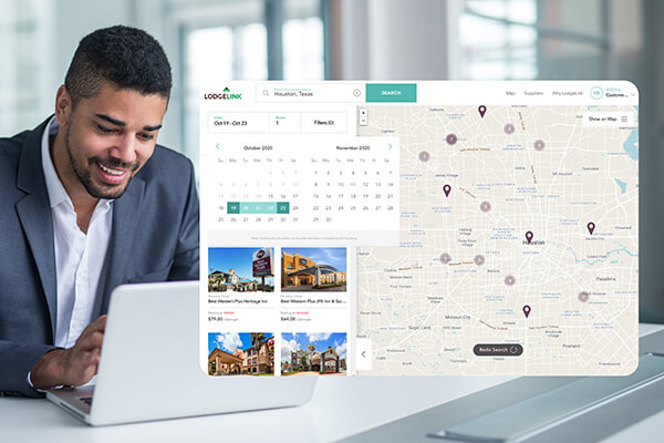 A person looking at a computer with a screenshot of LodgeLinks workforce travel site