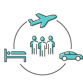 A diagram with people, a plane, and a bed representing workforce travel solutions	